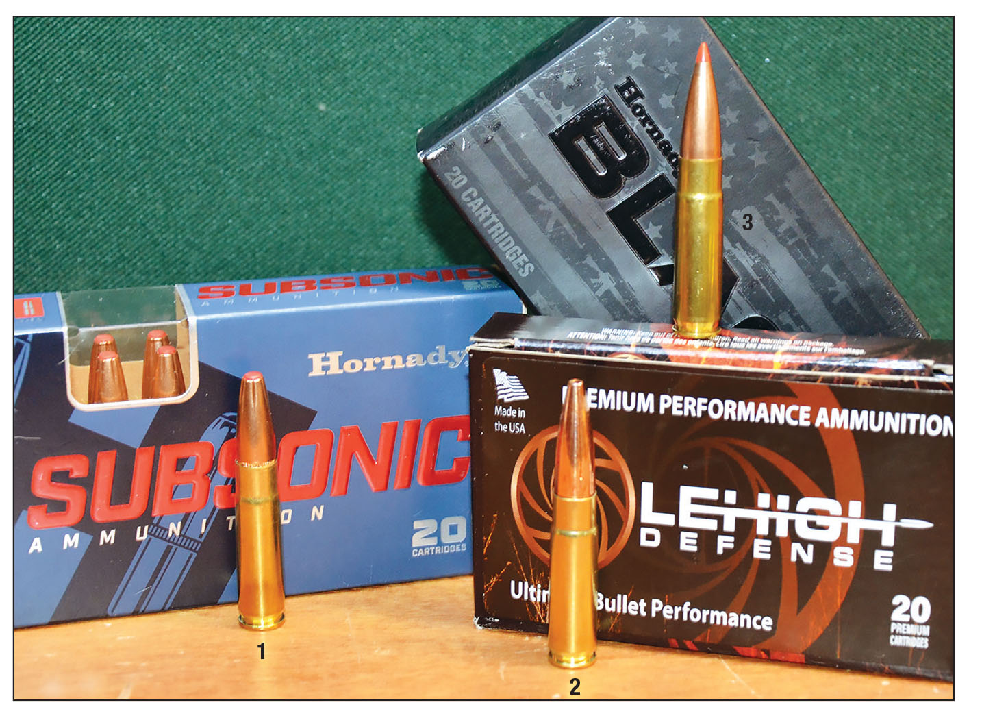 Hornady offers two subsonic loadings of the 300 Blackout, one with a 190-grain SUB-X bullet at 1,050 fps, the other a 208-grain A-MAX at 1,020 fps. The V-MAX does not expand at subsonic velocity. The Lehigh Defense load has a 194-grain Maximum Expansion bullet at 1,050 fps, and it is constructed specifically to expand violently at subsonic speed. Cartridges include: (1) 190-grain Hornady SUB-X, (2) 194-grain Lehigh Defense Maximum Expansion and (3) 208-grain Hornady A-MAX.